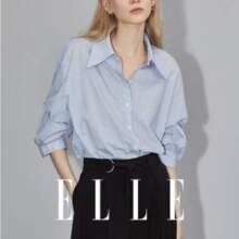 ELLE 她 女式高级感经典复古蓝白条纹五分袖衬衫