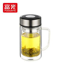 富光 格致双层玻璃杯 透明带盖茶杯办公杯带把 本色 520ML