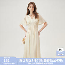 范思蓝恩 夏季法式V领赫本风气质连衣裙女夏季2024新款短袖收腰显瘦裙子 浅卡其 XS
