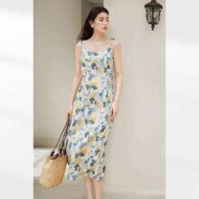 DUIBAI 对白 2024夏装撞色晕染印花高开叉女式吊带连衣裙