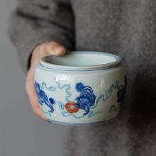 GUSHENGJI 古笙记 景德镇仿古青花瓷建水中式陶瓷茶道配件家用茶洗杯洗小水洗干泡茶席废水缸 古彩狮子滚绣球