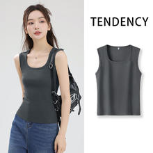 JEANSWEST 真维斯 宽肩短款方领背心女2024年夏季新款时尚简约跑步出游运动风上衣 深灰-纯色 M