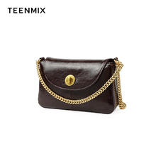 TEENMIX 天美意 女包头层牛皮单肩斜挎包油蜡女士链条腋下包 酒红色