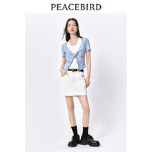 PEACEBIRD 太平鸟 假两件扭结T恤女短袖2024秋设计感修身短款针织衫气质