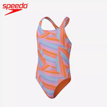 SPEEDO 速比涛 印花儿童防晒连体泳衣耐穿女童游泳训练青少年泳装 南瓜黄身高140-150cm(11-12岁)