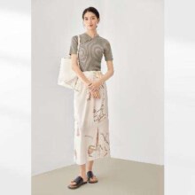 DUIBAI 对白 2024夏装斜门襟立领拼接竖条纹纹理女式短袖针织衫