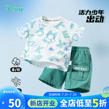 Disney baby 迪士尼宝宝童装男童短袖套装纯棉米奇T恤运动短裤2件套透气休闲套装 ZD2DT049字母米奇 120