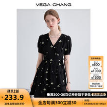 VEGA CHANG 连衣裙女2024夏季新款小个子高级气质法式刺绣小黑裙 雏菊黑 L