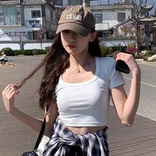 女夏新款辣妹减龄短款短袖t恤白色方领t衫女修身红色上衣纯棉甜辣