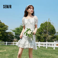 百亿补贴：Semir 森马 连衣裙女方领荷叶边优雅气质2023夏季新款肌理雪纺碎花裙法式