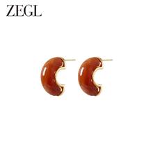 ZENGLIU ZEGL复古C型树脂耳环女小众设计感高级耳钉法式气质925银针耳饰品