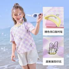 88VIP会员：Disney baby 迪士尼女童短袖t恤2024夏新款儿童半袖纯棉时尚卡通洋气印花上衣