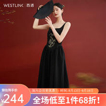 WESTLINK 西遇 新中式刺绣吊带连衣裙女2024春新款中长款时尚气质黑色裙子 黑色 L