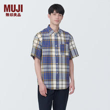 MUJI 無印良品 无印良品（MUJI）男式 马德拉斯格纹纽扣领短袖衬衫 AC1W8A4S 藏青色格纹 XL （180/104A）