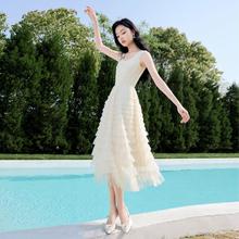 X.YING 香影 无袖背心连衣裙高腰超仙拼接网纱层层蛋糕裙