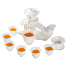 金镶玉功夫茶具套装 羊脂玉瓷旋转自动家用陶瓷白瓷泡茶套装送礼礼盒装 吉祥如意羊脂玉瓷自动茶具