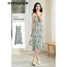 HOPESHOW 红袖 垂感V领雪纺吊带裙夏季女装收腰显瘦气质时尚碎花连衣裙 黑底花658 M