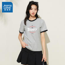 JEANSWEST 真维斯 YD真维斯女装2024夏季新款 英文印花宽松撞色纯棉短袖T恤上衣
