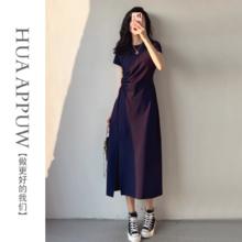HUAAPPUW 画朴 圆领短袖气质连衣裙女2024夏季藏青色收腰显瘦开叉A字裙
