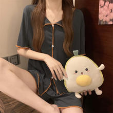 SHILIAO 诗莉奥 短袖睡衣女套装韩版薄款假开衫翻领纽扣冰丝凉凉仙女家居服 时尚灰 均码(80~145斤)