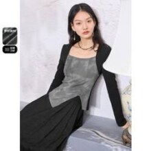 【墨云拖黛】2024年春季款假两件晕染开叉上衣新中式T恤女