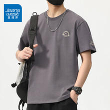 限移动端：JEANSWEST 真维斯 短袖T恤男夏季潮牌重磅休闲百搭舒适学生胖子青少年半袖宽松上衣 深灰 XL码 120-140斤