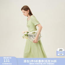 范思蓝恩 方领法式连衣裙2024夏装新款高腰裙子