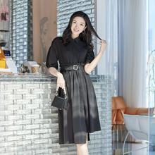 SHIMENG诗梦女装黑色衬衫连衣裙两穿可脱卸下摆翻领单排扣收腰裙