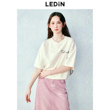 LEDIN 乐町 甜美浪漫后背猫咪图案涂鸦手绘短袖2024夏季新款宽松大版T恤