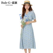 百亿补贴：蓝旗v领碎花连衣裙女2024夏季新款收腰显瘦长裙温柔风短袖茶歇裙