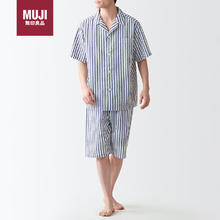 MUJI 無印良品 无印良品（MUJI）无侧缝 泡泡纱 短袖 男士家居服套装 深藏青色条纹