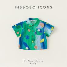 insbobo 男童衬衫夏装2024女童花衬衫儿童衣服夏天宝宝短袖上衣衬衣潮