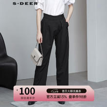 S.DEER 圣迪奥 通勤女装休闲高腰暗褶拼接阔腿长裤 黑色/91 M/165