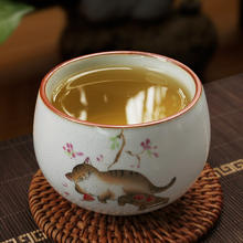 真迹 手绘主人杯汝窑开片品茗杯陶瓷 懒猫主人杯-月白