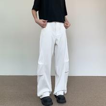 森美果 白色弯刀弧形牛仔裤男宽松小众设计感美式水洗直筒拖地长裤