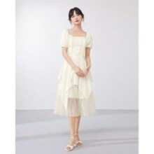 爱依服 2024夏季 法式温柔风设计感不规则连衣长裙