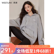 WESTLINK 西遇 灰色连帽加绒卫衣女2024春新款韩版慵懒风刺绣宽松外套上衣 灰色 S