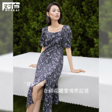 2024夏装复古碎花泡泡袖设计下摆开叉后背系带女式中长连衣裙