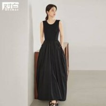 27日10点：DUIBAI 对白 拼接设计口袋抽绳女式长款A字背心连衣裙