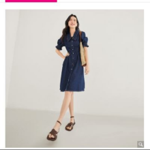 DUIBAI 对白 夏装丹宁风复古牛仔腰部收褶显瘦泡泡袖女式翻领短款连衣裙