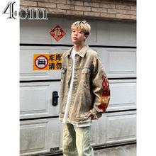 4cm 2024秋季新款美式街头复古水洗毛边火焰刺绣牛仔夹克外套男女