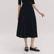 E·LAND 衣恋 Eland衣恋半身裙女甜美芭蕾风松紧高腰纯棉百褶长裙2024夏季新品