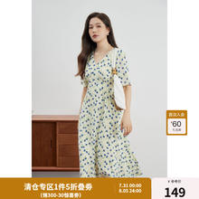 DUSHU 独束 大码女装法式气质V领碎花裙夏装微胖mm飘逸印花连衣裙女 米底蓝花 XXL M