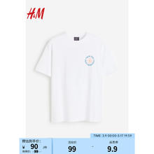 H&M 男装T恤2024春季柔软纯棉舒适罗纹圆领短袖上衣1032522 白色/Glow 175/100A M