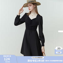 范思蓝恩 浪漫法式针织连衣裙女春秋新款长袖V领裙子 黑色短款 L
