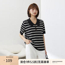 纤莉秀 大码女装韩系条纹翻领气质百搭显瘦针织衫胖mm2024夏装新款2660 黑色 3XL