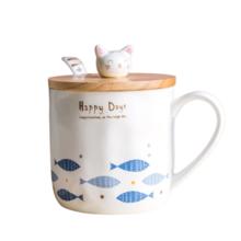 瓷魂 小猫幻想鱼 陶瓷马克杯 带盖勺 380ml 一群鱼