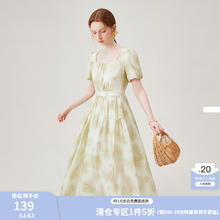 范思蓝恩 新中式气质氧气水墨连衣裙2024夏季新款方领裙子18076 水墨竹影 L