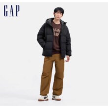 Gap 男装2024秋冬新款徽章logo抽绳立领连帽羽绒服纯色外套677652 黑色