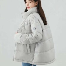 plus会员：鸭鸭 明星同款 羽绒服短款 立领 男女同款 冬装新款外套 浅灰色